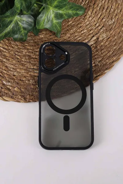 Siyah TeknoCase İPhone 17 Uyumlu Wesley Case Serisi Magsafe Özellikli Transparan Sert Silikon Telefon Kılıfı 430659