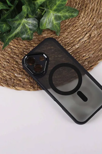 Siyah TeknoCase İPhone 17 Uyumlu Wesley Case Serisi Magsafe Özellikli Transparan Sert Silikon Telefon Kılıfı 430659