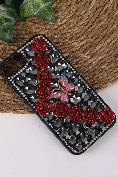 Siyah TeknoCase İPhone 7 ve İPhone 8 Uyumlu Daisy Case Serisi Taşlı Vakumlu Sert Silikon Telefon Kılıfı 431121