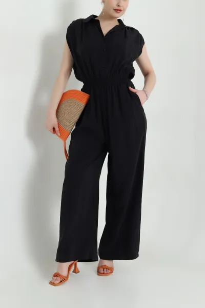 Siyah Tencel Bel Lastikli Düğmeli Kadın Tulum 459372