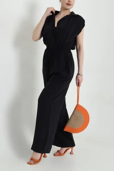 Siyah Tencel Bel Lastikli Düğmeli Kadın Tulum 459372