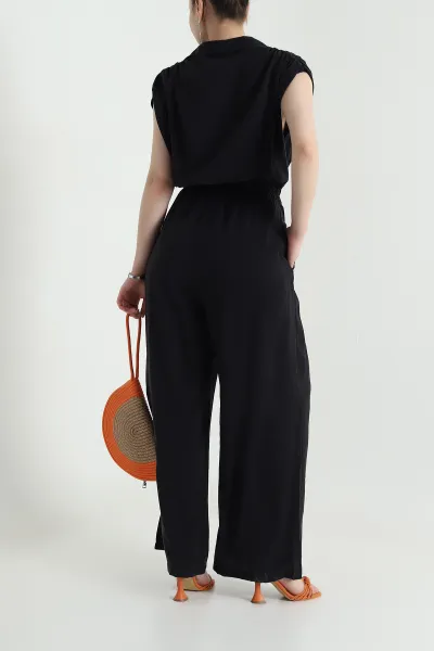 Siyah Tencel Bel Lastikli Düğmeli Kadın Tulum 459372