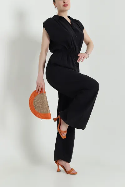 Siyah Tencel Bel Lastikli Düğmeli Kadın Tulum 459372