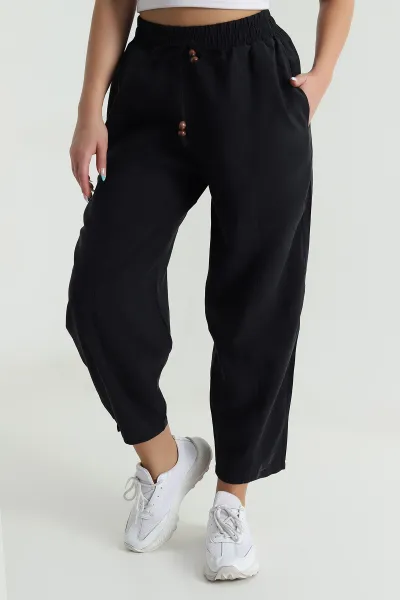 Siyah Tencel Boncuklu Şalvar Kadın Pantolon 481046