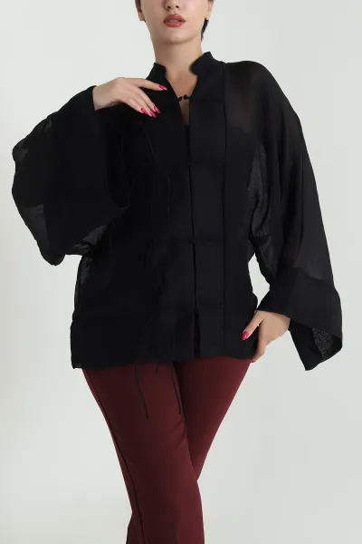 Siyah Tencel İp Bağcıklı Kadın Gömlek 476093
