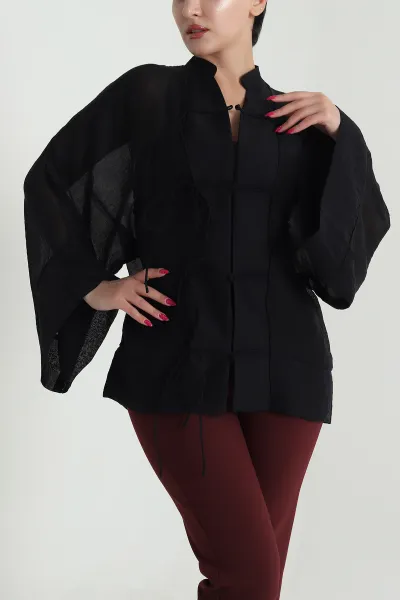 Siyah Tencel İp Bağcıklı Kadın Gömlek 476093