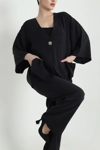 Siyah Tencel Pantolon Bluz Kadın İkili Takım 440597