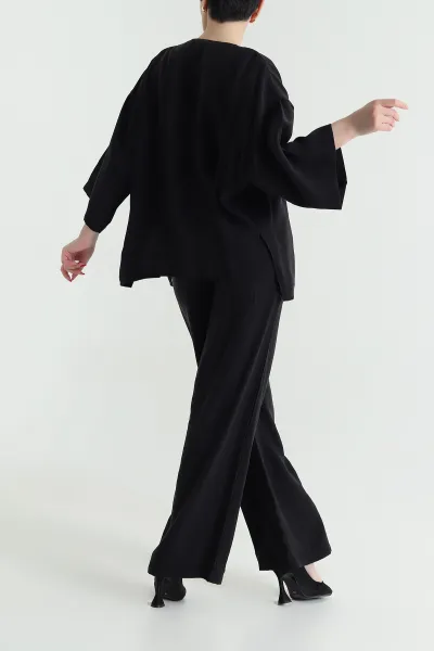 Siyah Tencel Pantolon Bluz Kadın İkili Takım 440597