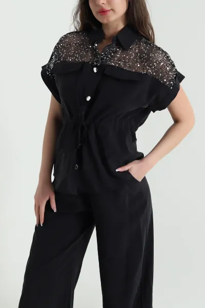 Siyah Tencel Pul Detay Kadın İkili Takım 456223