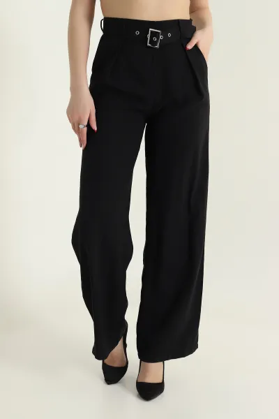 Siyah Tencel Viskon Kemerli Bol Paça Kadın Pantolon 434288