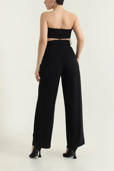 Siyah Tencel Viskon Kemerli Bol Paça Kadın Pantolon 434288