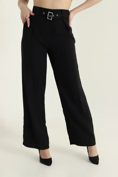 Siyah Tencel Viskon Kemerli Bol Paça Kadın Pantolon 434288