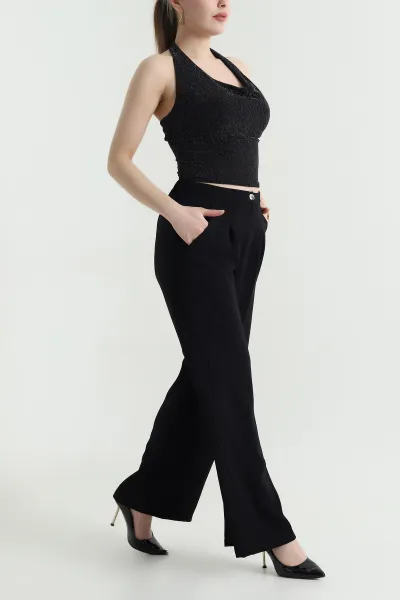 Siyah Tensel Crep Beli Lastikli Kadın Pantolon 440771