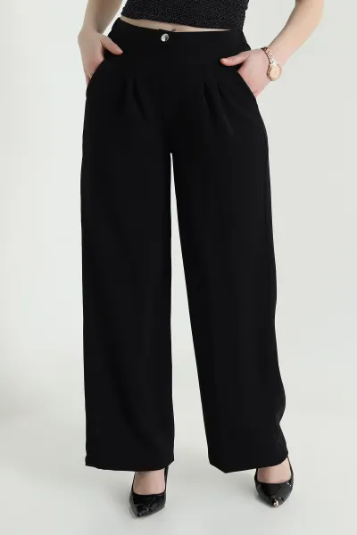 Siyah Tensel Crep Beli Lastikli Kadın Pantolon 440771