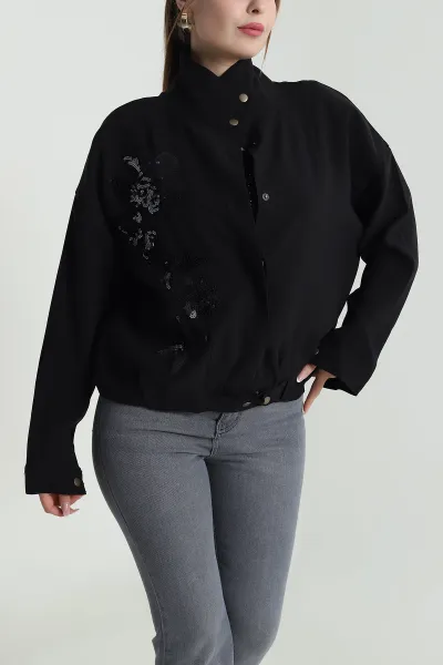 Siyah Tensel Gabardin Kadın Mevsimlik Mont 488032