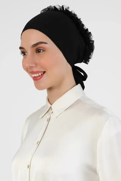 Siyah Tesettür Dikişli Fırfırlı Bone 454229