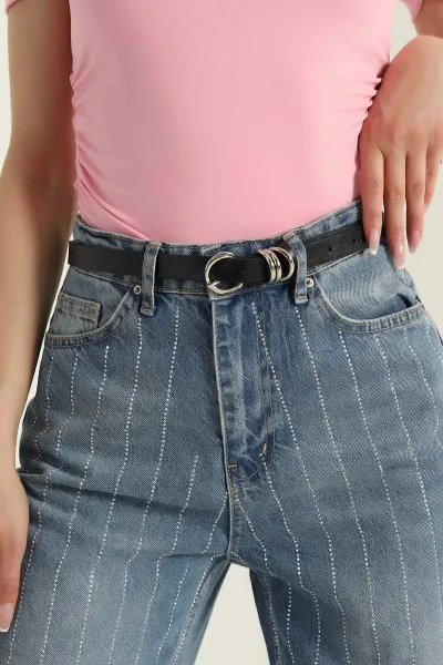 Siyah Gümüş Toka Detaylı Kadın İnce Kemer 374306