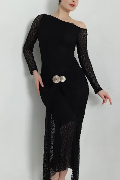 Siyah Tokalı Dantelli Kadın Elbise 495044