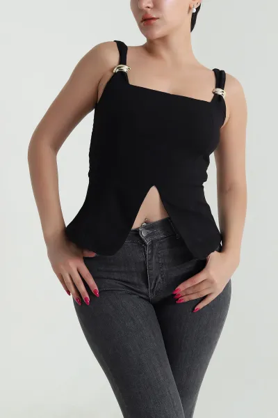 Siyah Tokalı Keten Kadın Bluz 475030