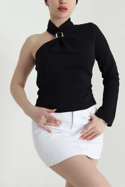 Siyah Tokalı Tek Kol Likralı Linda Kadın Bluz 449536