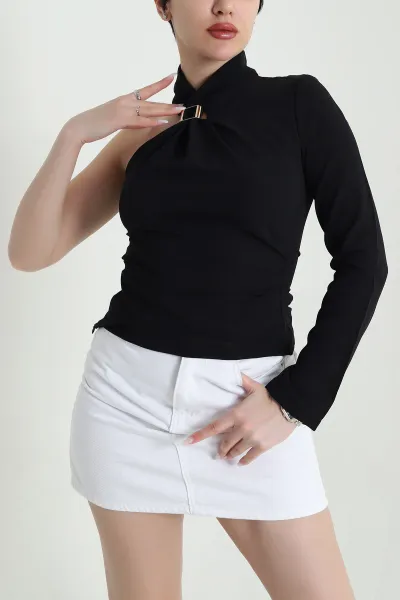 Siyah Tokalı Tek Kol Likralı Linda Kadın Bluz 449536