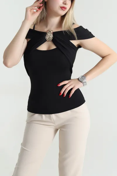 Siyah Tokalı Yazlık Scuba Kadın Bluz 467213