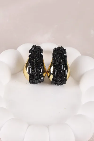 Siyah Top Model Arası Gold Taşlı Şık Bombeli Küpe 450767