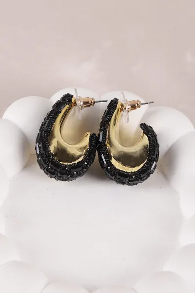 Siyah Top Model Arası Gold Taşlı Şık Bombeli Küpe 450767