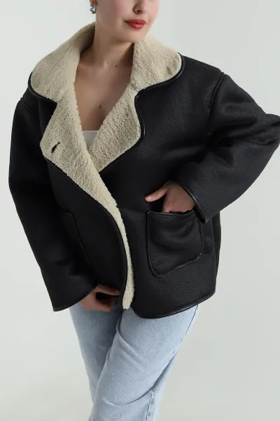Siyah Torba Cep Lamine Kadın Mont 498259