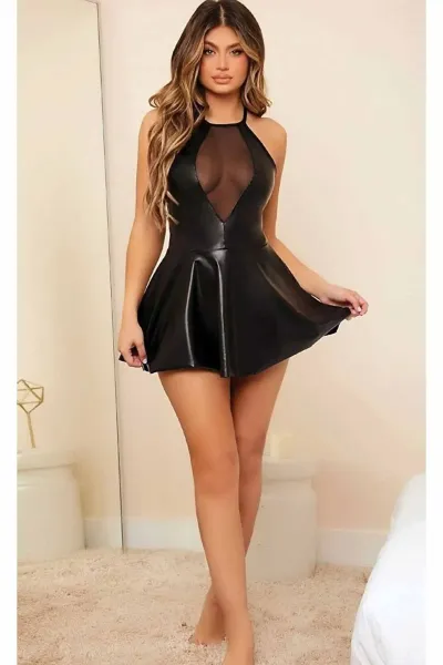 Siyah Transparen Göğüs Etekli Lame Deri Kumaş Seksi Mini Elbise 269129