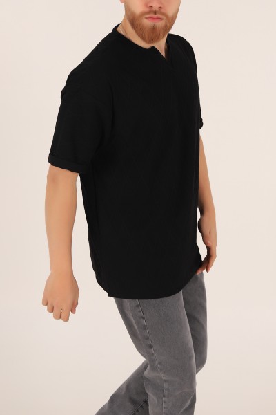 Siyah Triko Dokulu Oversize Erkek Tişört 169611