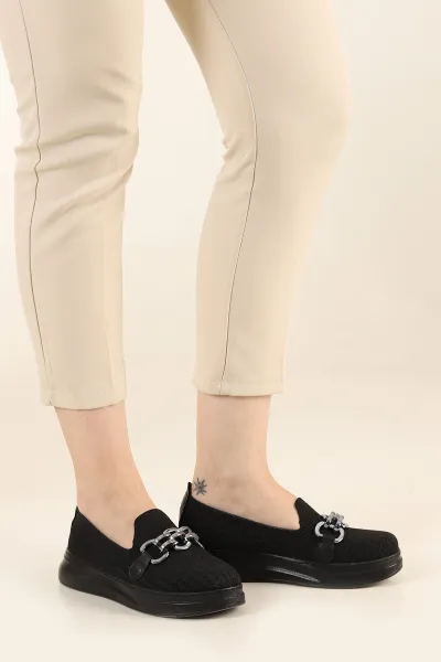 Siyah Triko Gümüş Tokalı Loafer Ayakkabı 263744