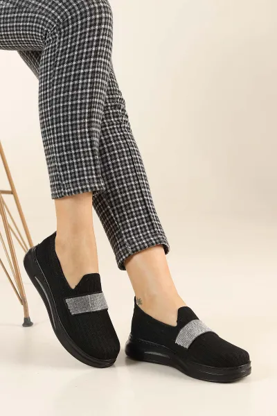 Siyah Triko Taş Tasarım Loafer Ayakkabı 262222
