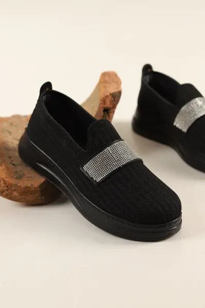 Siyah Triko Taş Tasarım Loafer Ayakkabı 262222