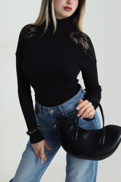 Siyah Tül Detay Fitilli Kadın Bluz 487390