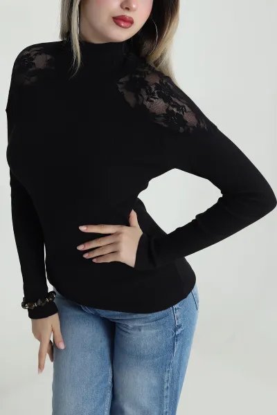 Siyah Tül Detay Fitilli Kadın Bluz 487390
