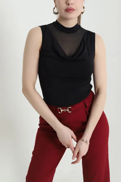 Siyah Tül Garnili Kolsuz Sandy Kadın Bluz 440541