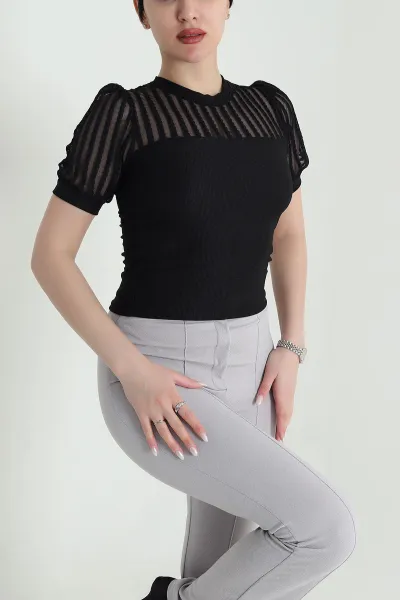 Siyah Tül Garnili Ottoman Kadın Bluz 448674