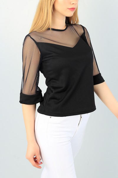 Siyah Tül Tasarım Bluz 65033
