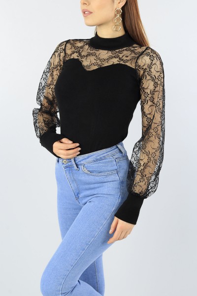 Siyah Tül Tasarımlı Triko Bluz 53689