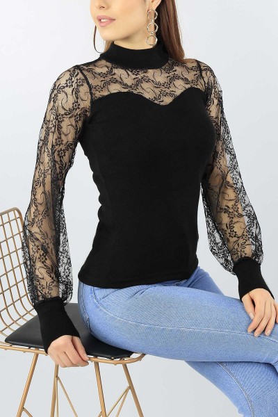 Siyah Tül Tasarımlı Triko Bluz 53689