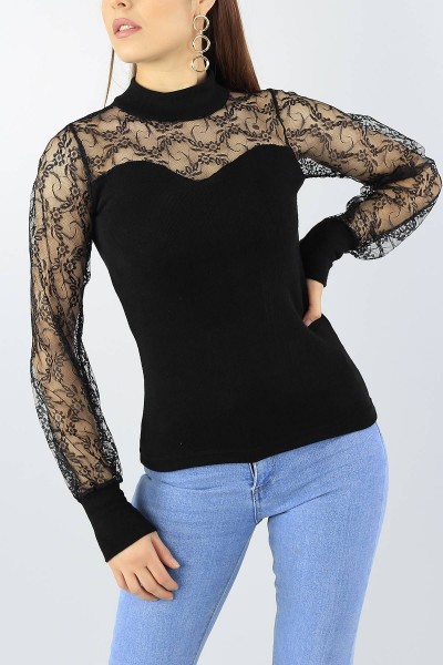 Siyah Tül Tasarımlı Triko Bluz 53689
