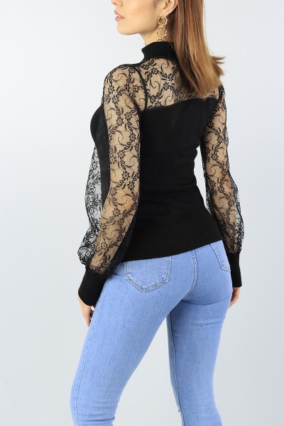 Siyah Tül Tasarımlı Triko Bluz 53689
