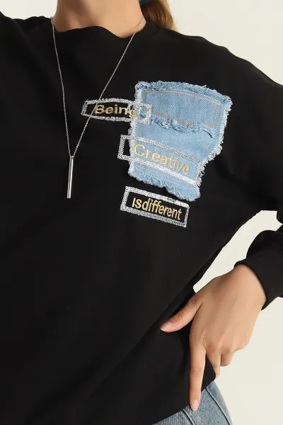 Siyah Üç İp Nakışlı Pullu Bayan Sweat 306166
