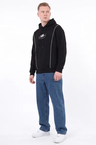 Siyah Üç İp Şardonlu Kapüşonlu Erkek Sweatshirt 500072