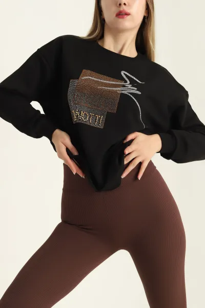 Siyah Üç İp Taşlı Bisiklet Yaka Bayan Sweat 306185