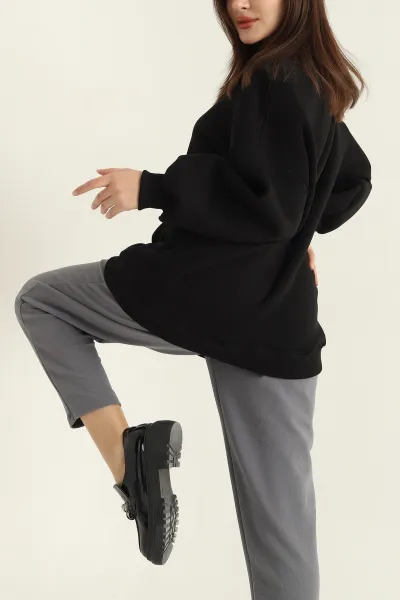 Siyah Üç İplik Şardonlu Sweat Tunik 321587