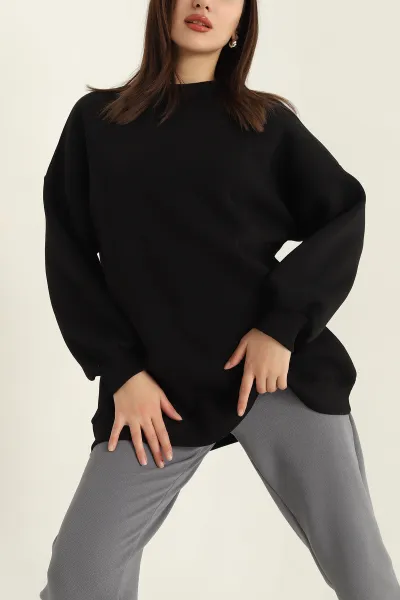 Siyah Üç İplik Şardonlu Sweat Tunik 321587