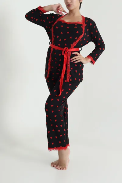 Siyah Üçlü Sleepy Kadın Sabahlık Pijama Takımı 476888