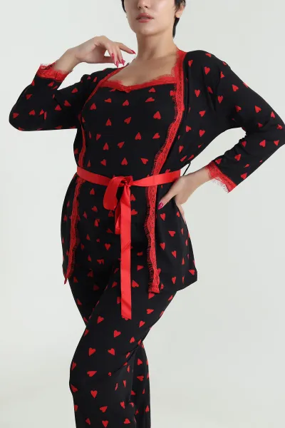 Siyah Üçlü Sleepy Kadın Sabahlık Pijama Takımı 476888